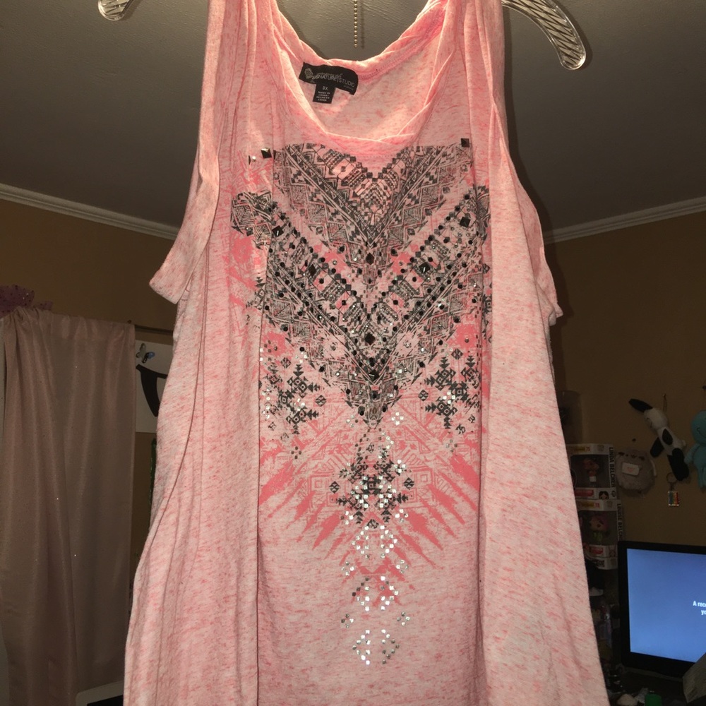 Light pink graphic tank top with diamond studs